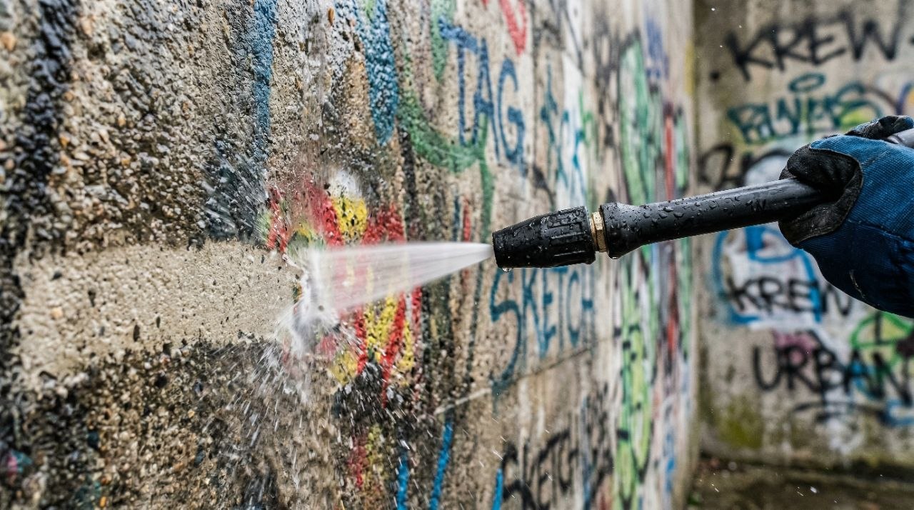 Pressure washer wand removing graffiti from wall